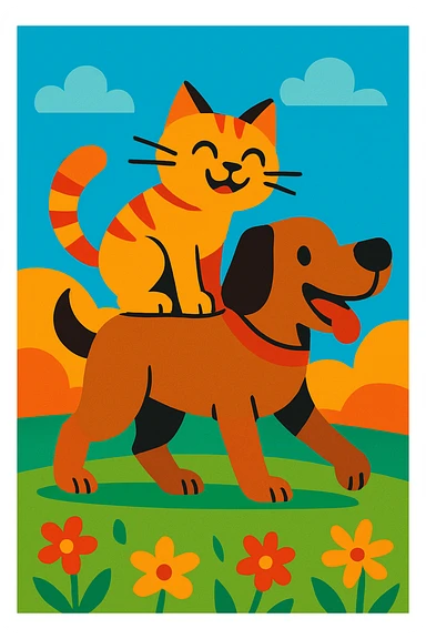 cat riding a dog, vibrant cartoon style sticker