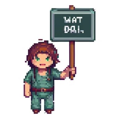 astounded man holding a sign that says 'wat da', pixel art style sticker