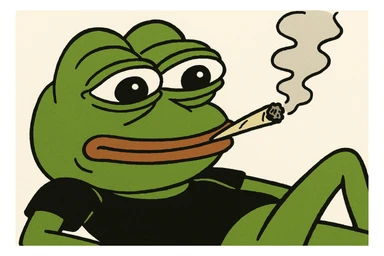 pepe the frog in a black shirt, lying back and exhaling smoke from a joint sticker
