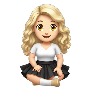 Front view full body curvy caucasian beauty sitting straight hands up black skirt white knickers white socks sticker