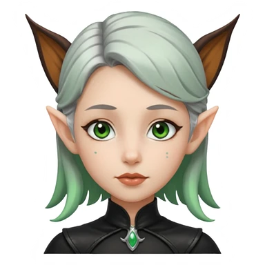 Haz un emoji de una chica con piel blanca ojos marrones y verdes nariz puntiaguda orejas de fae labios finos pelo plateado con un recogido y ropa de cuero negra sticker