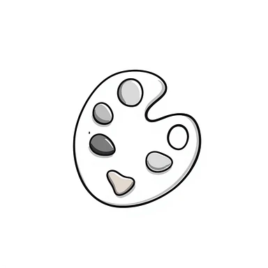 Detailed artist's paint palette with thumb hole and paint colors in specific pastel colors (dd9fb0, ffc6d3, a3bfc9, c4bee2, f1b091). Hand-drawn doodle style with intricate details. The palette should have paint blobs of each color clearly visible. sticker