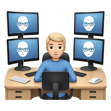 A stylized 3D avatar icon of a developer sitting at a desk, surrounded by three curved monitors floating around them. The screens show browser tabs, documentation, and code. sticker