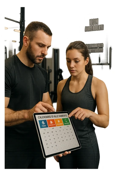 realistic cinematic photo a personal trainer and a client stand in a modern gym, reviewing a large, color-coded training calendar or chart on a tablet. The calendar shows different phases (strength, hypertrophy, endurance, recovery) with icons and dates. Around them, gym equipment and motivational posters reinforce the idea of structured, periodized training. in italiano sticker