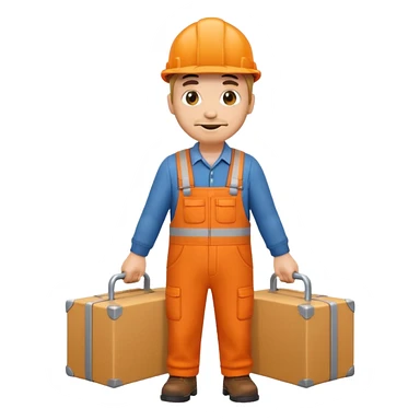 emoji style railway engineer full body in orange overalls, carrying a box in front of them sticker