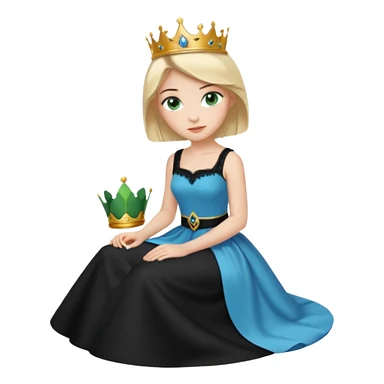 prince,  black Hair, blue eyes, garment,  woman, siiting on prince, white sleveless dress, blonde hair, green eyes, sticker