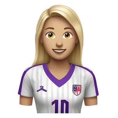 a blonde woman in white soccer jersey with purple pinstripes sticker