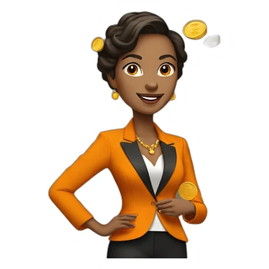 Posh-woman-with-orange-suit-holding-golden-coins sticker