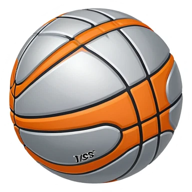 shiny silver basketball with orange seams, metallic silver material, reflective surface sticker