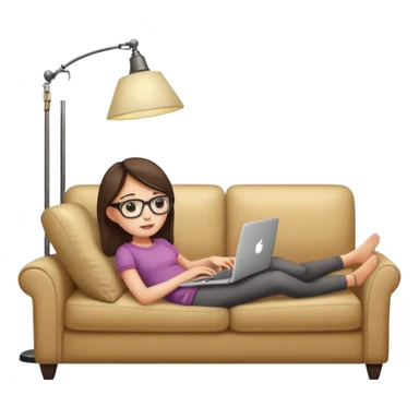 A girl is working with a laptop while lying on a sofa, with a floor lamp to the right. sticker
