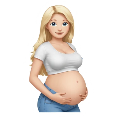 White girl, 18, long blonde hair, blue eyes, white crop top, jeans, huge pregnant belly, big boobs, side view, skinny, bare midriff, smiling sticker