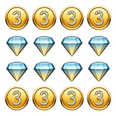 Gold badges with diamonds for paid subscriptions at different levels with the number 3 sticker