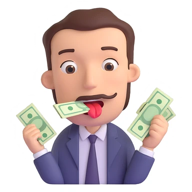 3D emoji style of a man with money stuffed in his mouth sticker