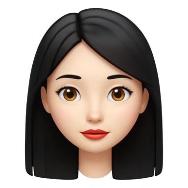 A cute 3D female emoji avatar, smooth skin, long straight black hair, glossy lips, soft lighting, minimal background, beauty branding style, high quality, Pixar style, front view, symmetrical face, clean and elegant sticker