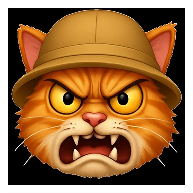 A cat wearing a hat with a very funny face but with an angry expression, emoji style. sticker