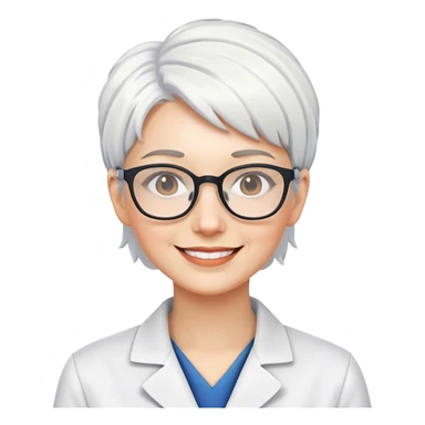 smiling woman scientist glasses indoors cropped pixie white hair  sticker