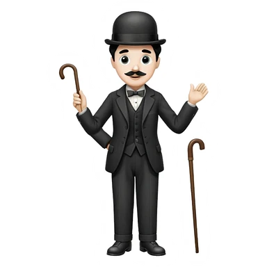 Charlie Chaplin with bowler hat, small mustache, suit, cane, and classic pose sticker