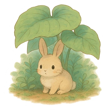 a bunny hiding under giant forest leaves, whimsical feel, soft pastel colors, ghibli style sticker