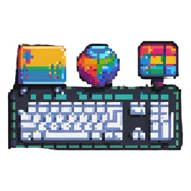 Colorful IT tech badge pixel art with simple keyboard symbol, vibrant colors sticker