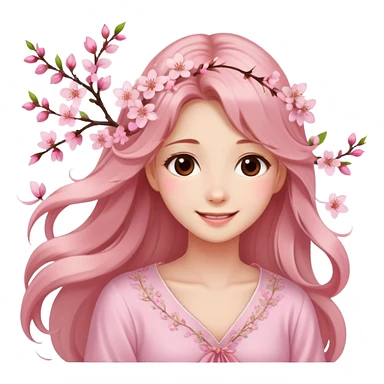 . A girl with long, flowing hair adorned with cherry blossoms, wearing a light pink  blouse and a dreamy smile. sticker