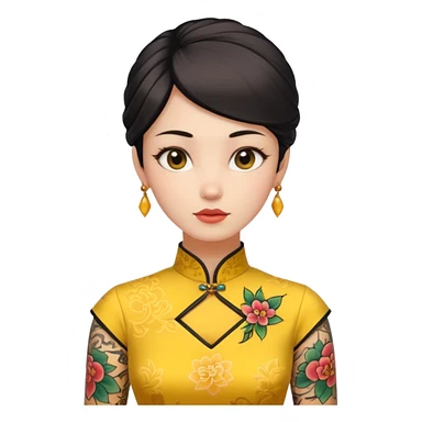 ancient woman with tatooed on neck and yellow cheongsam sticker