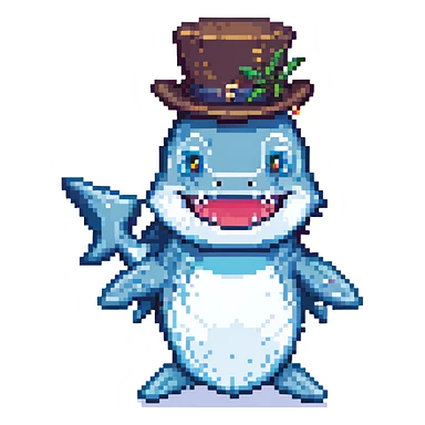 pixel art shark, smiling, with a tophat sticker