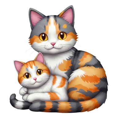 full body dark grey and white cat cuddling a colourful light patched calico + white tabby cat  sticker