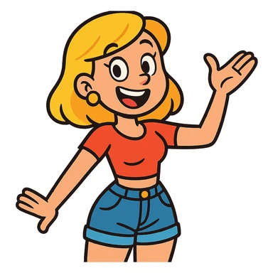 cartoon-style blonde woman with gold earrings, a crop top shirt, and jean shorts, looking cheerful, vibrant toon style, colorful, cheerful sticker