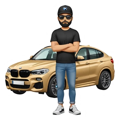 A man with black hair and beard standing next to his grey BMW X4 M competition. He has his arms crossed and he is wearing plain tshirt, jeans and sneakers, and sunglasses and a black baseball cap on sticker