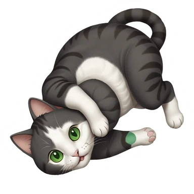 beautiful female solid dark grey cat with green eyes, white toes/paws and white patch on her chest playfully rolling upside down sticker