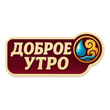 elongated horizontal banner with text 'Доброе утро', retro sticker style, burgundy background, beige letters, concise feng shui ornament with water and wind elements, soft shadows, transparent background sticker