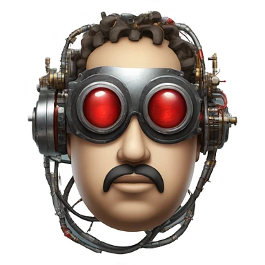 Fat cyborg head with red steampunk goggles, black goatee and circuits sticker