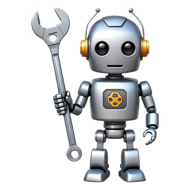 Toy robot holding a wrench sticker
