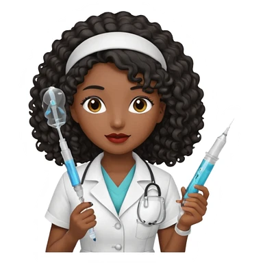 Tan girl with black long curly hair nurse holding syringe sticker