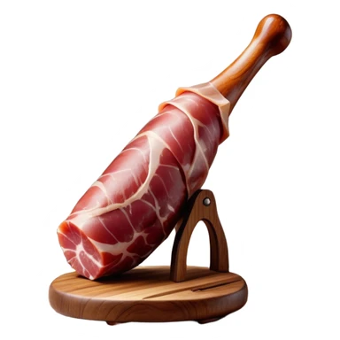 ​Cinematic Realistic Spanish Jamón Leg, depicted as a massive, cured leg of Jamón serrano with a deep reddish-brown hue, intricately marbled and slightly glossy with age, elegantly displayed on a rustic wooden stand and bathed in warm, soft lighting that accentuates its artisanal heritage, sticker