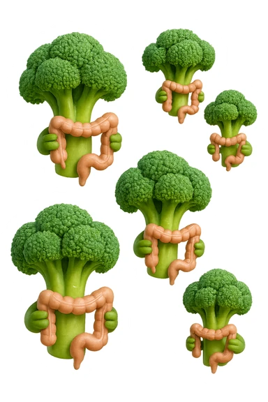 broccoletti stile emoji iphone fluttuano in aria stringendo in mano un pezzo di colon intestinale, iperrealistico 4k sticker