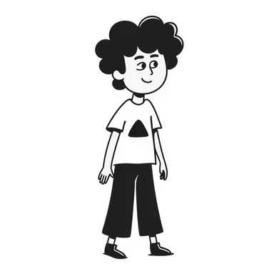 Teenage boy with messy curly hair, casual t-shirt, slight smile sticker