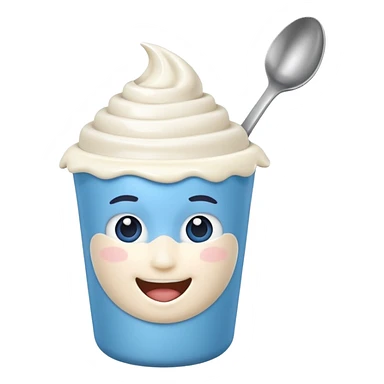 A 3D cartoon yogurt cup with a spoon, creamy white top, Memoji-style rendering. sticker