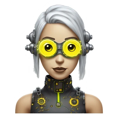 Caucasian female cyborg head with Neon yellow bobbed hair, silver steampunk goggles and circuits sticker