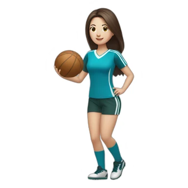 White skin brunette female playing football with very small ball of basket sticker