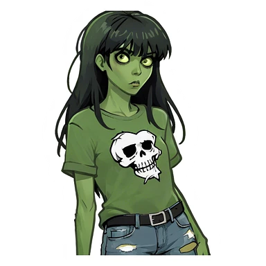 zombie girl with big black hair and bangs  sticker