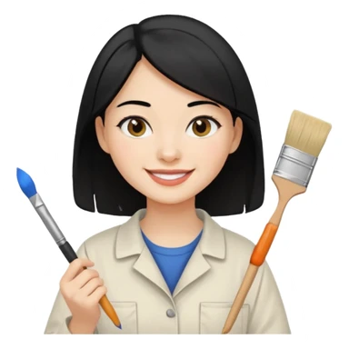 Painting Hold. Women painting smilling  black hair sticker