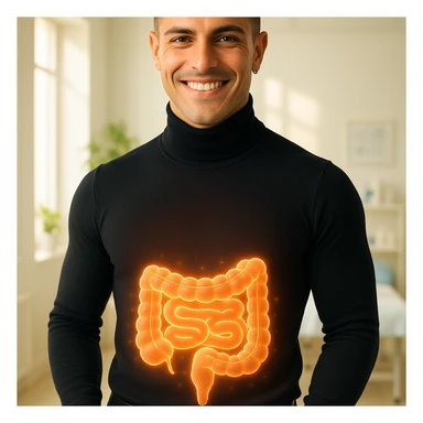 Create a semi-realistic, wellness-themed image of a healthy 30-year-old man inspired by the reference image. Show a stylized glowing intestine visualization with a clean and well-shaped gut. The man is smiling and standing confidently. The background is a minimalistic clinic with soft natural light, conveying a vibrant and healthy atmosphere. sticker