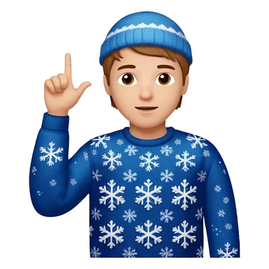 A guy pointing up with one hand and he has a christmas sweater with snowflakes in it. He has brown light hair. sticker
