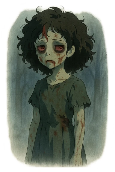 ghibli style of a zombie girl with curly black hair and red streaks, mysterious atmosphere, transparent background sticker
