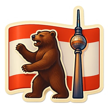 Create an emoji of the Berlin Bear standing next to the Berlin TV Tower, less cartoonish, with the Berlin flag as the background, no text. The style should be retro stickers style with clear and vibrant colors, maintaining the iconic features of the Berlin Bear but with a more realistic and less cartoonish look, and the Berlin TV Tower clearly visible next to the bear. sticker