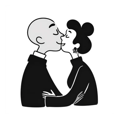 black bald man kissing white woman with short dark hair, hand drawn doodle style sticker
