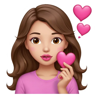 girl with long wavy brown hair, brown eyes, light to medium complexion, in a pink shirt, pink lips, long lashes, puckering up for a kiss, kiss lips and hearts in hand sticker