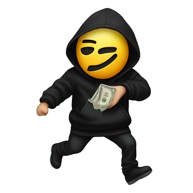 Thief wearing all black clothes actively stealing a money bag with the words Top Tier embroidered on it sticker