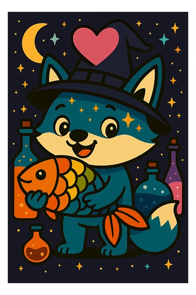 Add a classic black witch hat to the blue fox, keep the magical, witchy background and big pink heart, in vibrant toon style. sticker